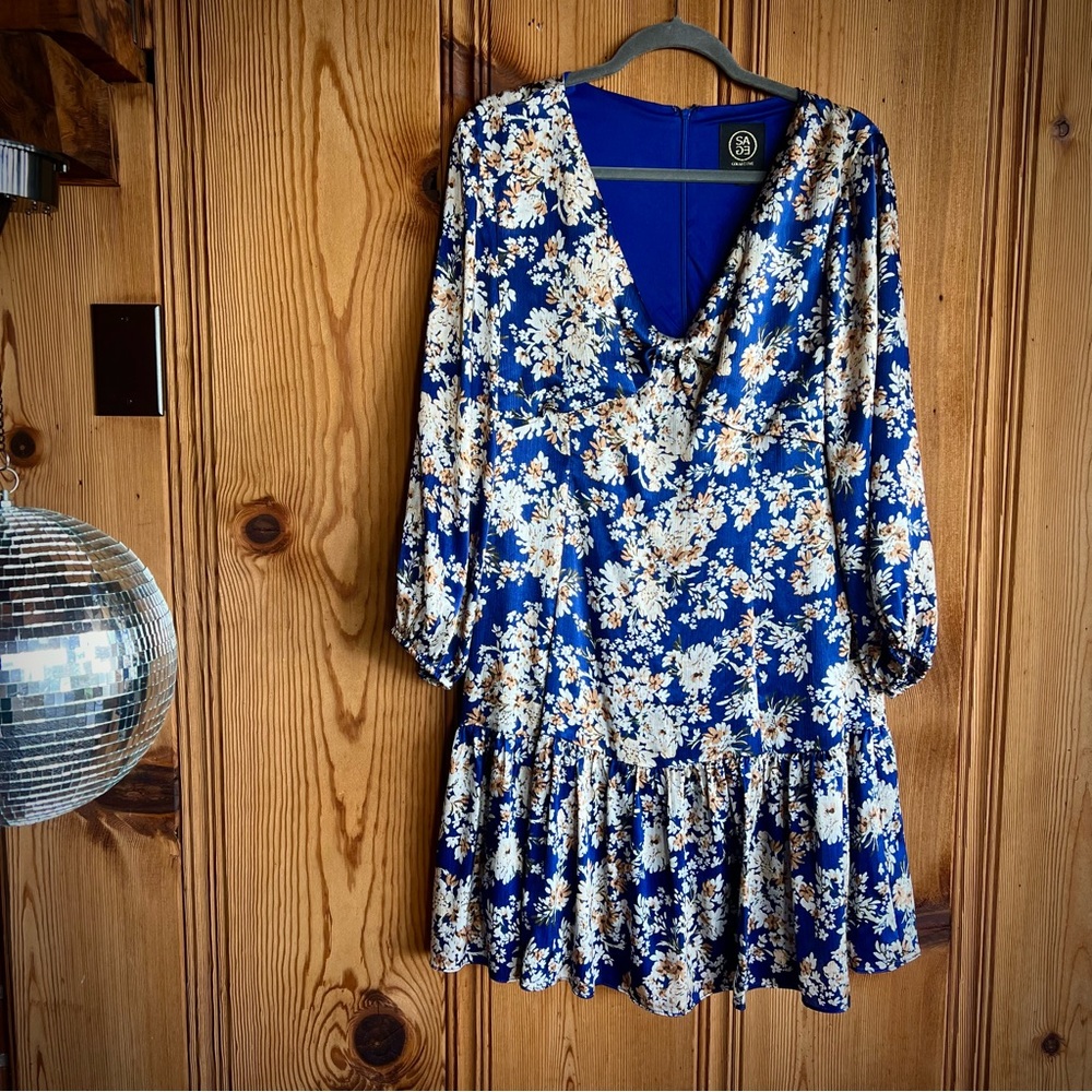FLORAL BLUE COCKTAIL DRESS with long sleeves- perfect for dates and concerts